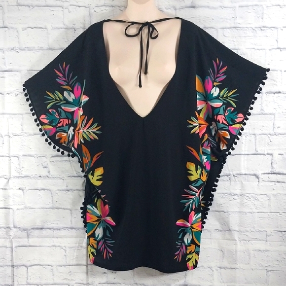 Xhilaration Other - 🔵BOGO FREE🔵 Floral Black Kaftan Swim Suit Cover-Up w Pom Poms Sz XL